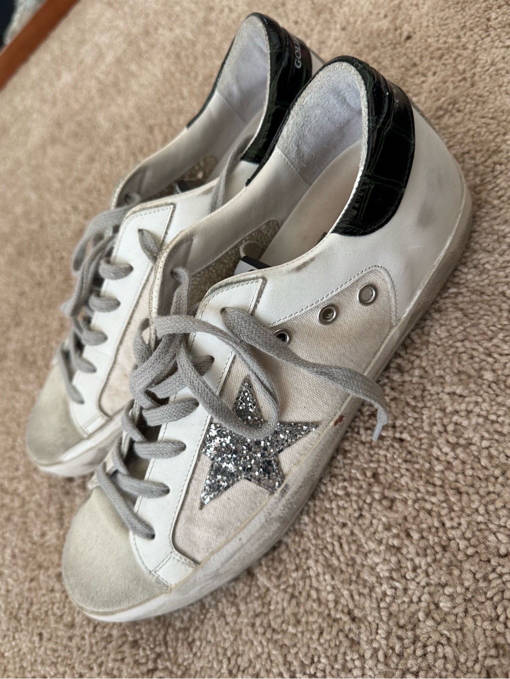 Women’s Golden Goose White & Black Leather Glitter Star Lace-Up Sneakers